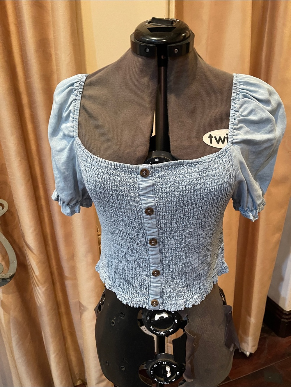 Light Blue Smocked Button-Front Crop Top with Puff Sleeves